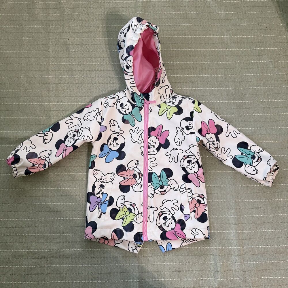 Disney Minnie Mouse Girls Rain Jacket Pink Hooded Waterproof Coat Size 3T